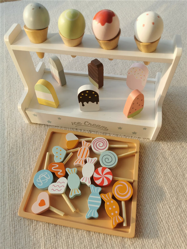 Wooden Kitchen Toys Pretend Play Pastel Simulation Ice Cream Sweet Cake Chocolate Candy for Kids Birthday Gift