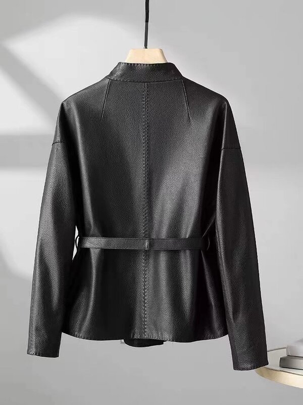 new sheepskin lychee grain leather jacket women's short standing collar, waistband, thin belt leather jacket