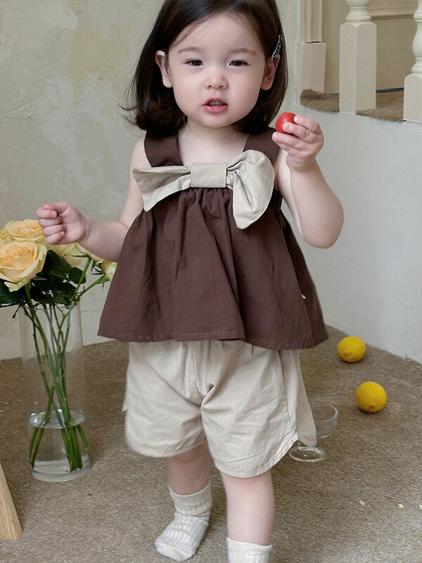 2024 Summer New Baby Clothes Set Infant Girl Big Bow Sleeveless Shirts + Shorts 2pcs Suit Toddler Cute Girls Thin Solid Outfits