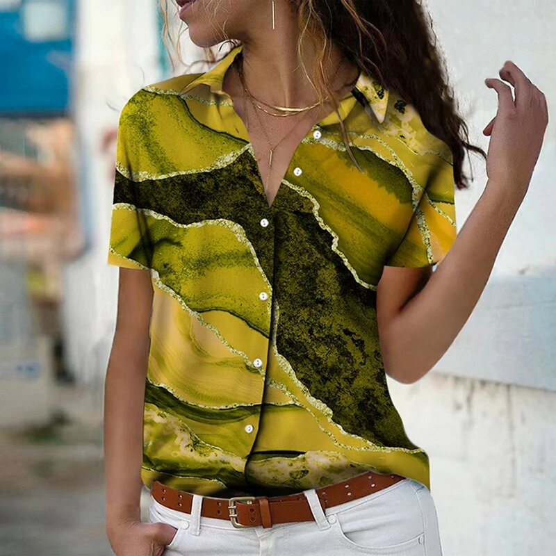 Chemise boutonnée à imprimé 3D à pampilles pour femmes, chemisier à manches courtes, col de chemise à la mode décontractée, coupe printemps et automne, Y-6XL, 2024