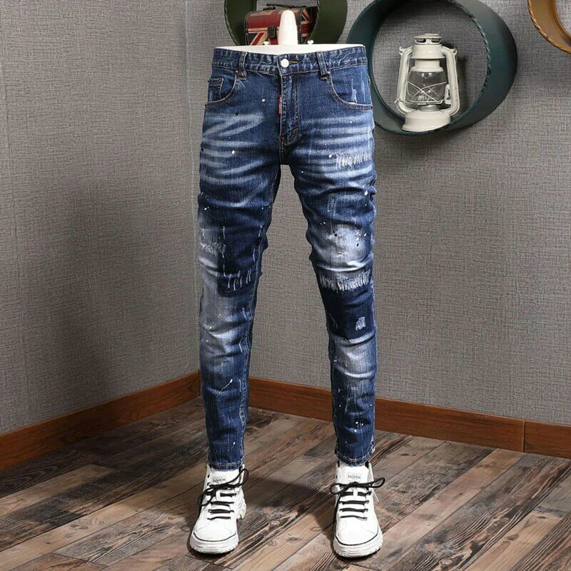 Streetwear moda calças de brim dos homens retro azul estiramento fino ajuste rasgado jeans pintados designer vintage casual calças jeans hombre