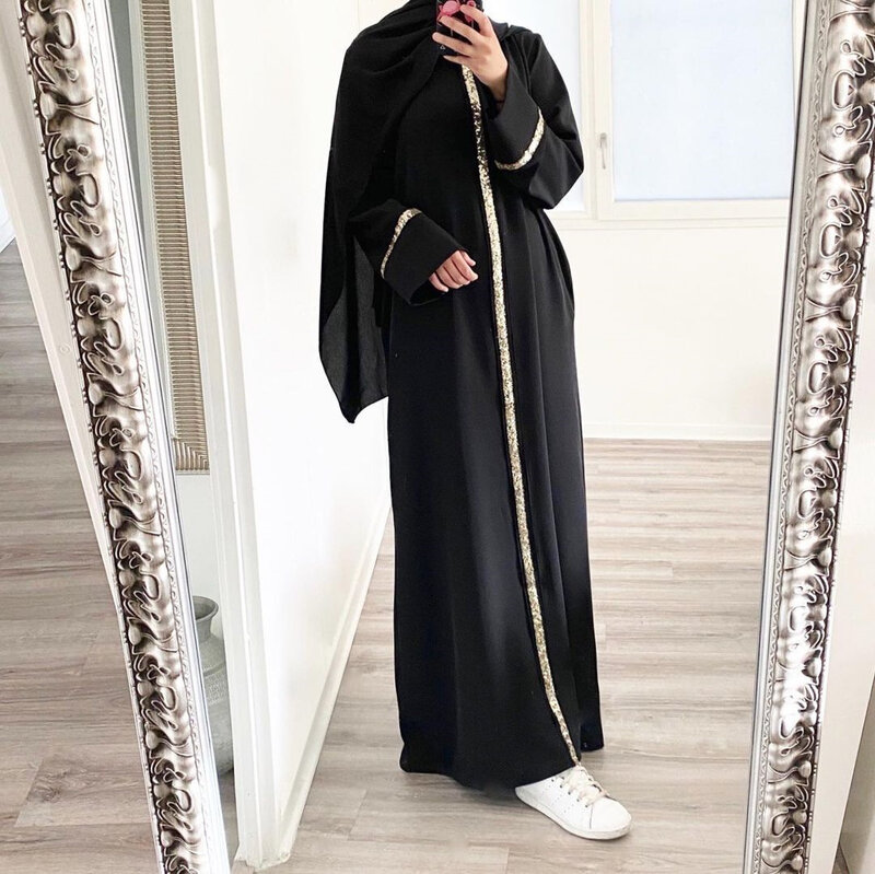 ชุดเดรสผู้หญิงแฟชั่นหรูหรามุสลิมสีทึบตะวันออกกลางโมร็อกโกชุดเดรสปักเลื่อมขอบแต่งเสื้อคลุมยาวชีฟอง