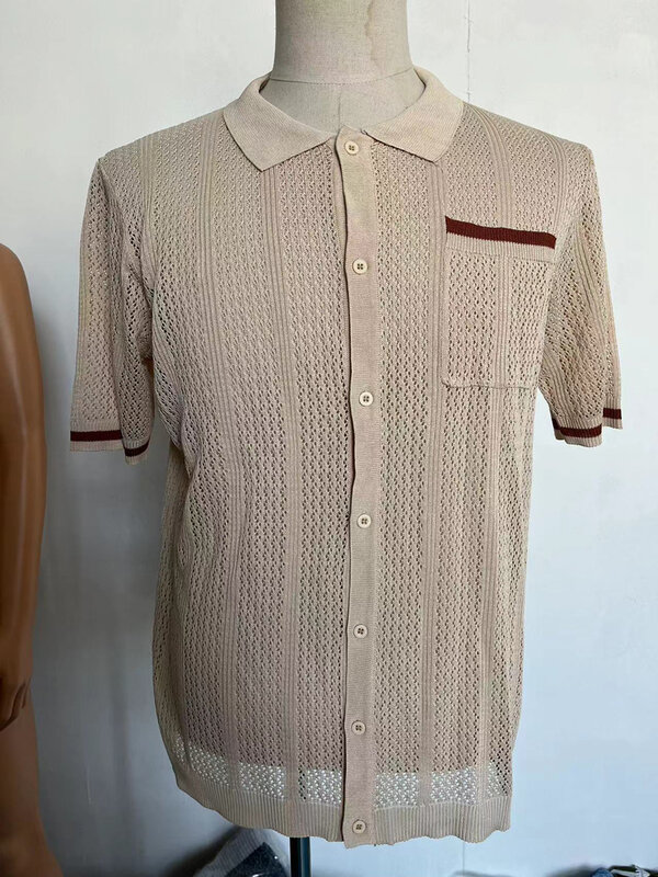 قمصان رجالية قصيرة الأكمام محبوكة مجوفة ، قميص بولو بأزرار لأسفل ، شاطئ غير رسمي للعطلات ، وردي ، كلاسيكي ، 70s