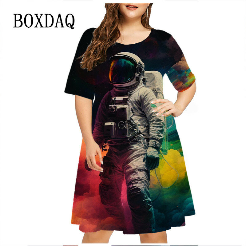 Vestido estampado de astronauta da aviação feminino, casual, manga curta, solto, plus size, 6XL, streetwear, roupas de moda feminina, novo