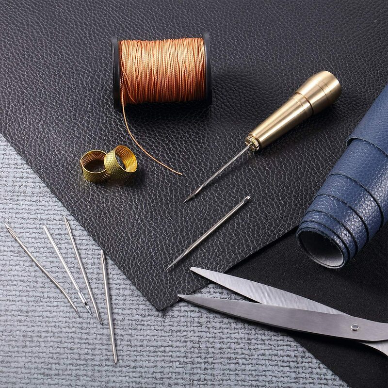 Leather Sewing Kit DIY Leather Sewing Awl Needle with Copper Handle Set Leather Canvas Tent Shoes Repairing Tool w/Nylon Thread