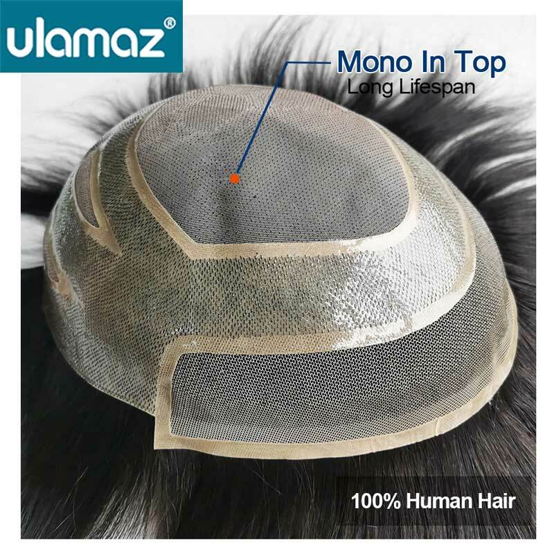 Męska proteza z koronką Mono z przodu tupecik dla mężczyzn Versalite męskie peruki System wymiany ludzkich włosów jednostka koronkowa Pu peruka dla mężczyzn