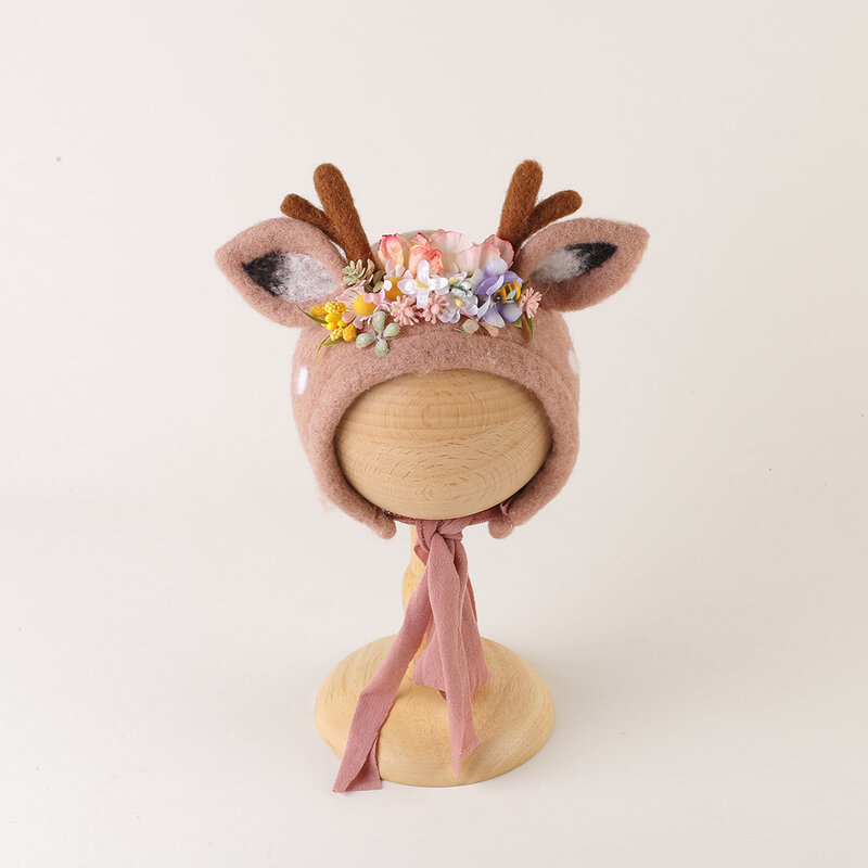 Bonnet de cerf vintage en feutre de laine pour nouveau-né, chapeau de fleur de simulation de dessin animé mignon, accessoires de photographie, chapeau d'animal doux, séance photo