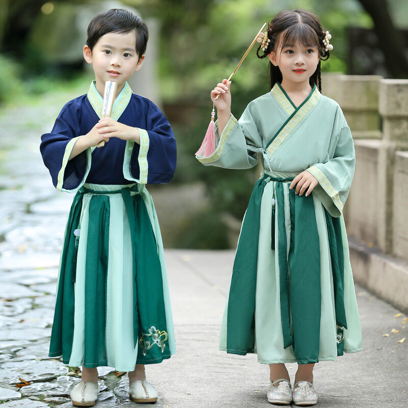 Estilo chinês meninas e meninos duas peças hanfu para crianças unisex traje tang terno cospaly bordado desempenho antigo