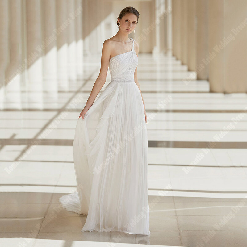 Eleganckie suknie ślubne na jedno ramię bez rękawów z tiulowym wykończeniem średnie słodkie suknie księżniczki eleganckie plażowe damskie Vestidos De Novia