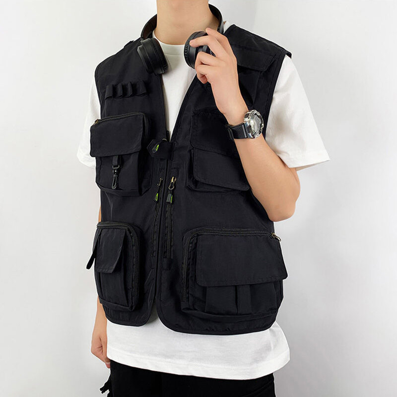 일본 하라주쿠 기능성 스타일 멀티 포켓 조끼 남성용, 고품질 캐주얼 루즈 아웃도어 작업복 재킷, 2024 가을 신상