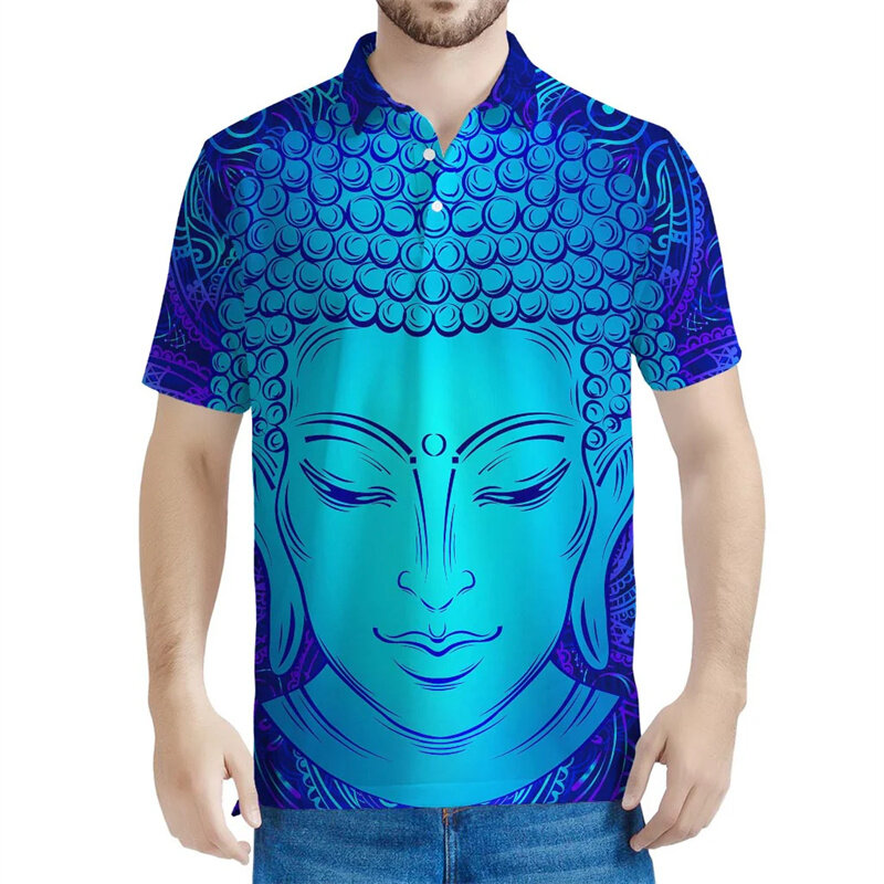 Polo con estampado 3D de estatuas budistas para hombre, camiseta de manga corta con solapa de calle, camisetas sueltas con botones de verano