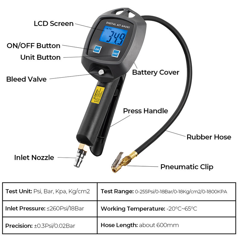 0-18Bar 0-255Psi Motorcycle Tire Pressure Gauge With Inflator Hose Nozzles Car Tester Monitor Inflation Gun Bike Tyre Manometro