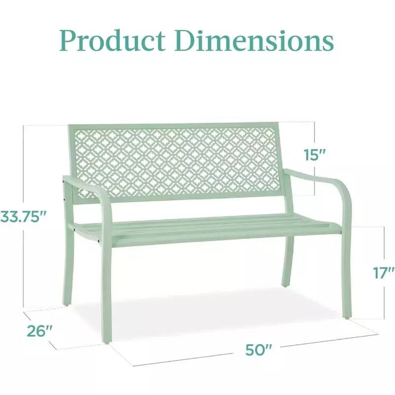 Patio Benches 2-Person Metal Steel Benches Furniture for Garden,  Porch, Entryway w/Geometric Backrest, Mint Green Patio Benches