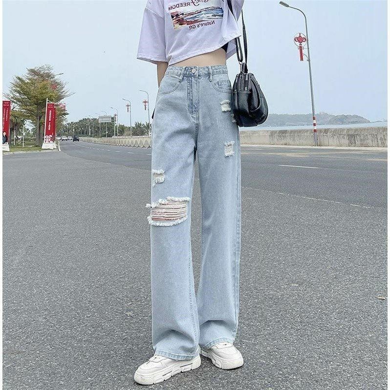 กางเกงยีนส์ขาตรงเอวสูงสำหรับผู้หญิง, กางเกงขายาวทรงหลวมกระชับสัดส่วนเอวสูงใหม่รุ่นเกาหลีฤดูใบไม้ผลิ/ฤดูร้อน2024