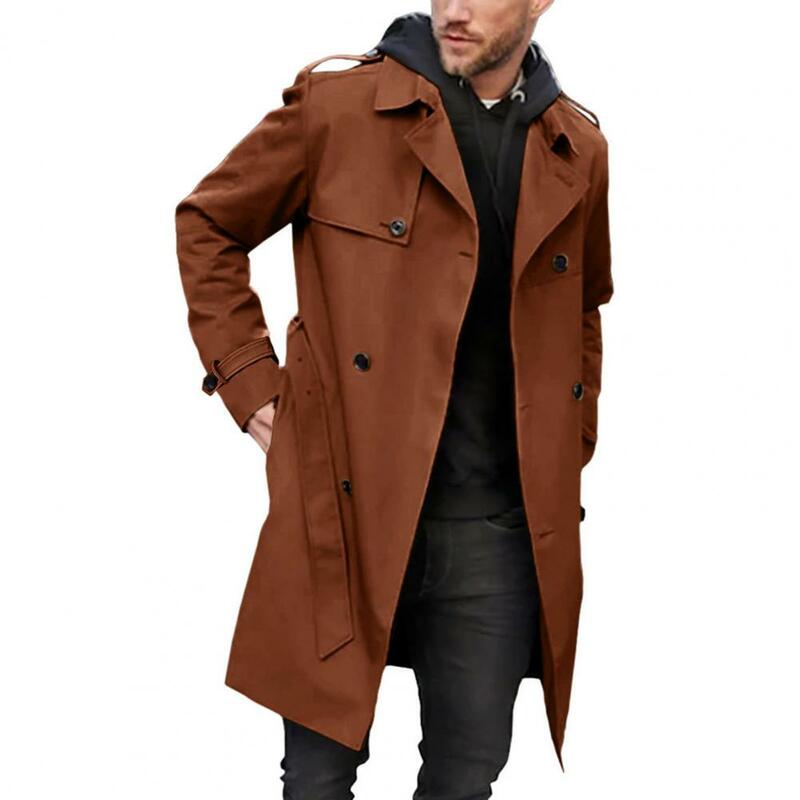 Mężczyźni jesienno-zimowa jednokolorowa klapa wiatrówki z długim rękawem dwurzędowy pasek z kieszeniami Slim Fit długi płaszcz