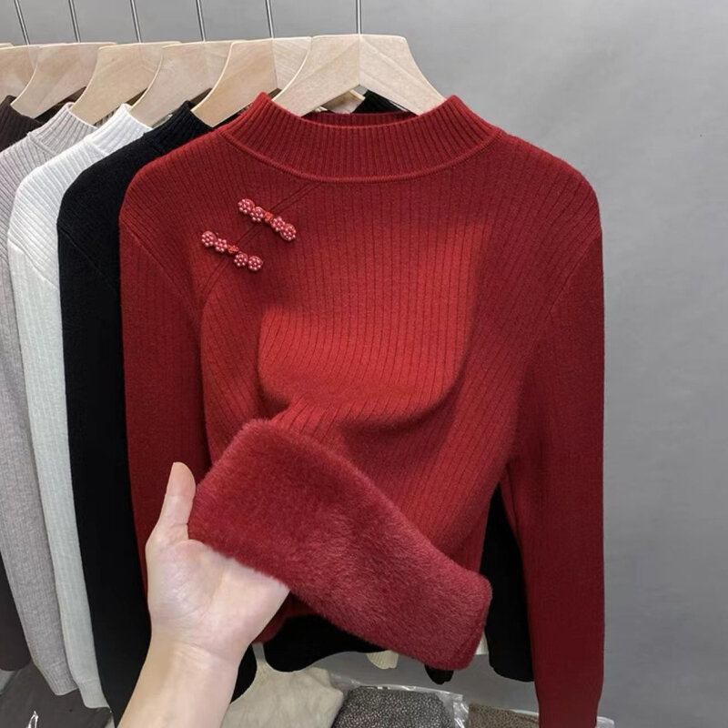 Zimowy sweter damski elegancki sweter z dekoltem z okrągłym dekoltem i aksamitem ciepły dziergany sweter topy Slim dzianinowy sweter z dzianiny