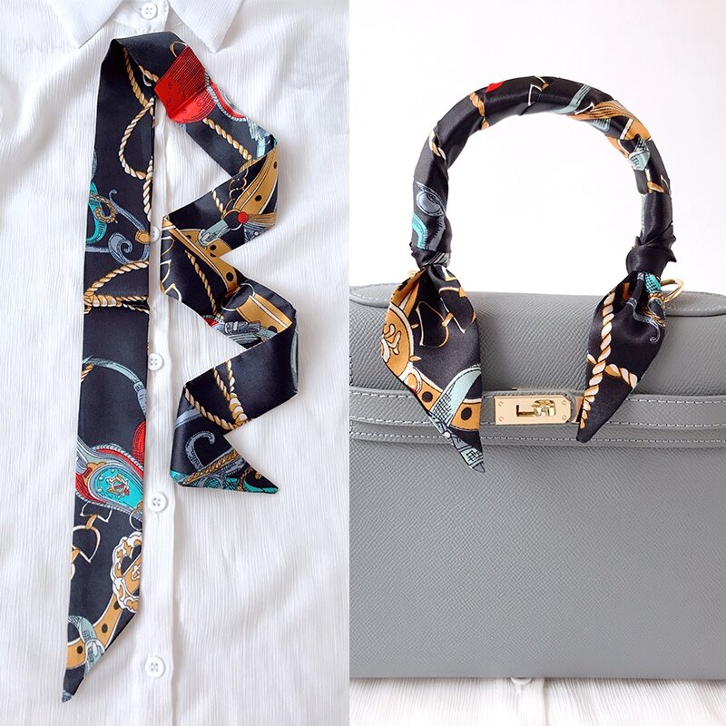 Bufanda de seda delgada para mujer, tira de pelo largo de 90cm x 4cm, cinta de seda pequeña para cuello, Asa de bolsa, pañuelo, corbata, 2023