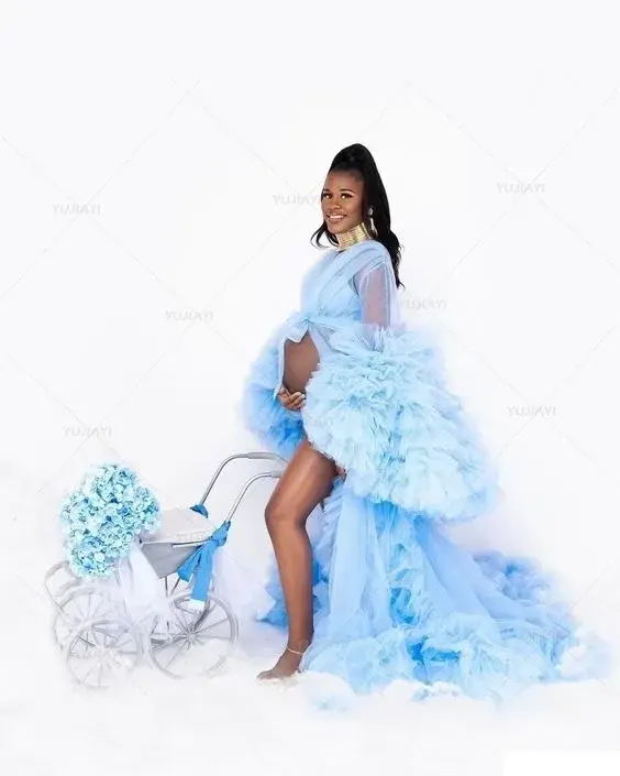Sky Blue Princess gaun yang cocok, untuk pengambilan foto gaun pesta ulang tahun Ibu dan saya keluarga melihat kehamilan gaun Baby Shower