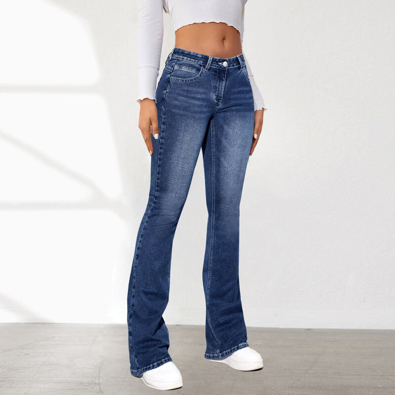 Jeans wanita 2024, jins komuter dicuci Slim Fit, jins sedikit melebar