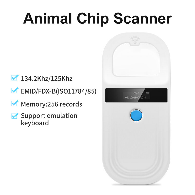 Animal RFID Pet ID Reader, Cat e Dog Microchip Scanner, Tag Chip de vidro, 134.2KHz, 125kHz