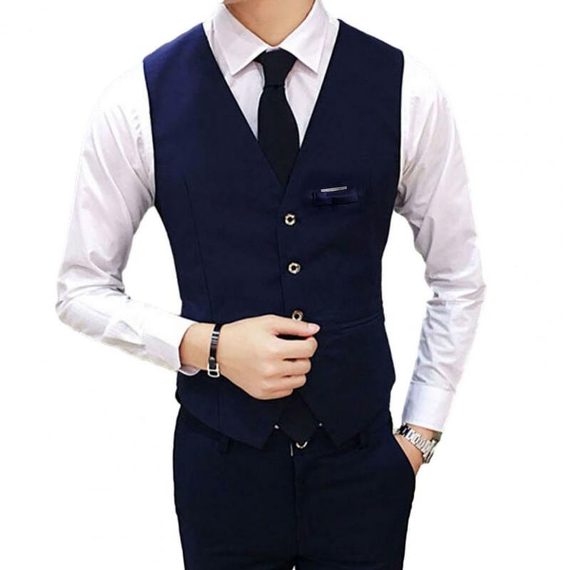 Fake Pockets Waistcoat Stylish Men's Slim Fit V-neck Suit Vest Solid Color Single-breasted Business Waistcoat for Groom Wedding