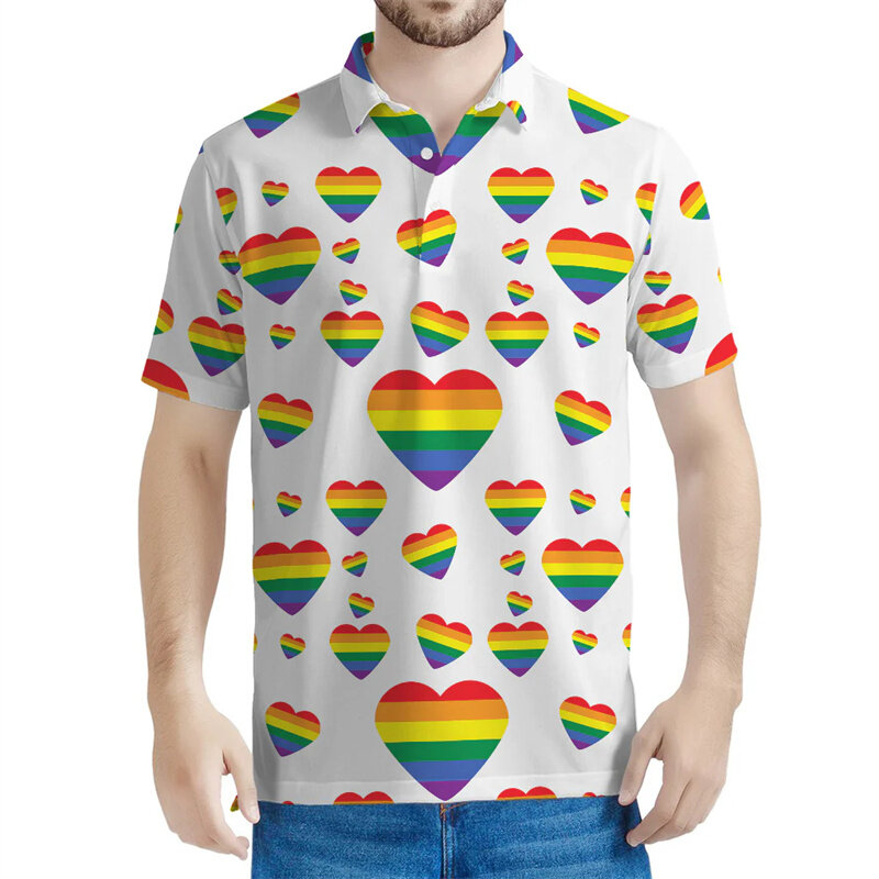 LGBT เสื้อโปโลลายสายรุ้งสำหรับผู้ชายพิมพ์ลาย3D เสื้อโปโลแขนสั้นแนวสตรีทลำลองติดกระดุมสำหรับฤดูร้อน