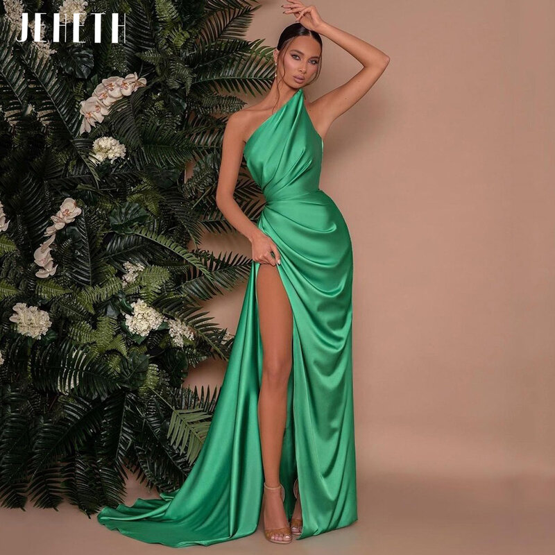 JEHETH Green Simple One Shoulder Satin Evening Dress High Side Split Celebrity Formal Prom Gowns Sweep Train robes de soirée