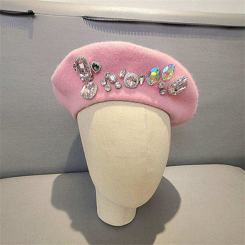Kpop IVE Wonyoung The Same Beret Korean wool Hat Handmade Diamond Wool Cap Studded with Diamonds Cute Lovely Cap for Fans Gifts