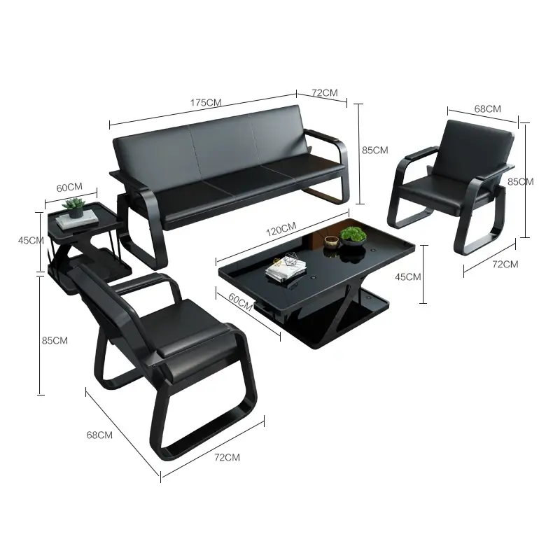Business office sofa: simple modern iron art three person sofa; reception office sofa; tea table table combination