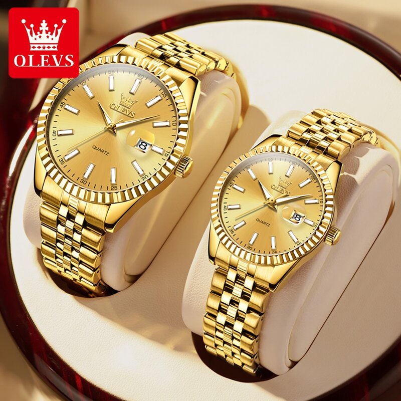 OLEVS jam tangan pasangan mewah asli jam tangan kuarsa tali baja tahan karat emas jam tangan pria dan wanita hadiah kekasih romantis jam tangan gelang