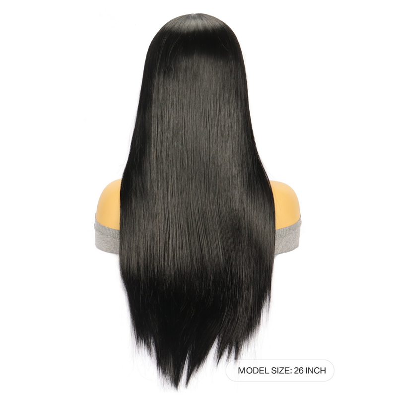 Frauen schwarz langes glattes Haar Spitze vorne mittel geteilte Faser Stirnband kleber freie Perücke für den täglichen Gebrauch und Cosplay