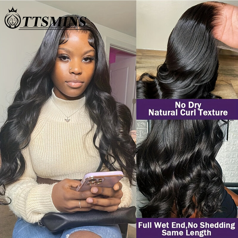 Perruque Lace Front Wig naturelle sans colle, cheveux humains, pre-plucked, pre-plucked, Wear and Go, 5x5, Body Wave, oreille à oreille, 13x6