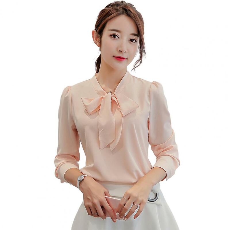 Loose Fit Women Shirt Chic Lace-up Collar Chiffon Blouse Stylish Spring/summer Women's Workwear with Bowknot Detailing Long