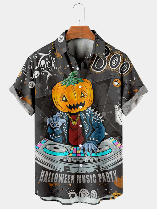 2023 Men's Halloween Ghost prank or treat short sleeve shirt sky blue pumpkin head small figure men's and women's holiday shirts