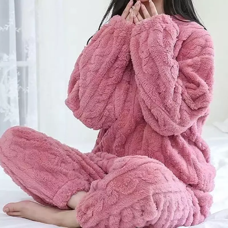 Autumn Women Solid Warm 2 Piece Sets Thicken Velvet Ribbed Fleece Set Pullover And Pants Women Casual Pajama Sets 2023