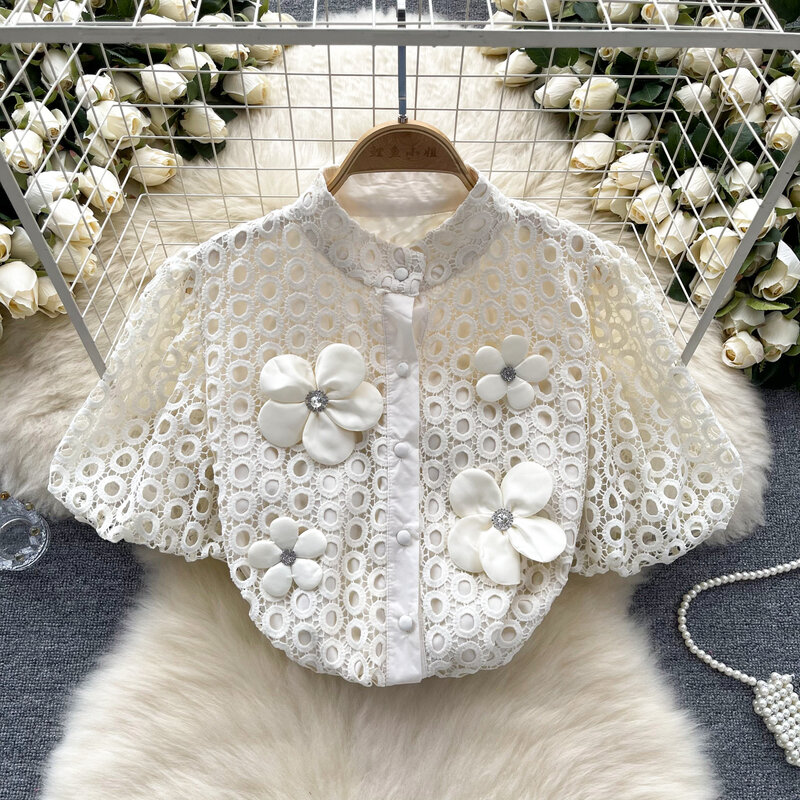 Retro Puff Sleeve lace Three-dimensional flower  Blouse Slim Sexy Shirt Women Gothic  summer Fashion Crop Top