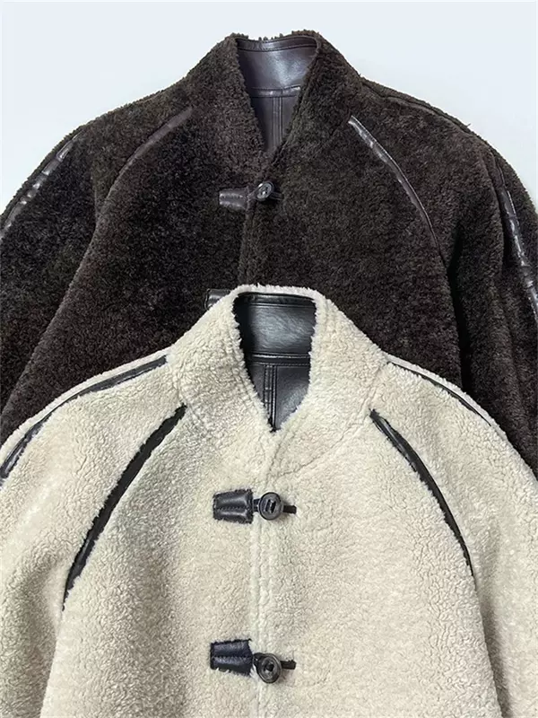 Mantel wanita, jaket kulit tiruan berkancing sebaris dengan kerah berdiri musim gugur dan dingin