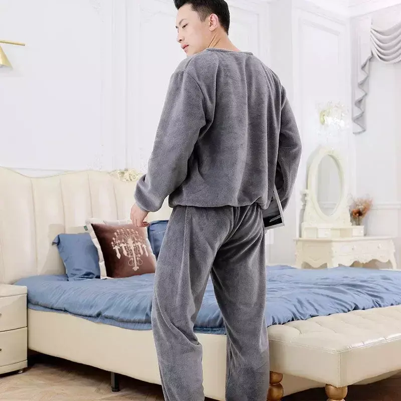 เสื้อคอรัลสำหรับผู้ชายชุดนอนบุนวมแขนยาวผ้าฟลีซหนา celana setelan สำหรับใส่ในบ้านฤดูหนาว