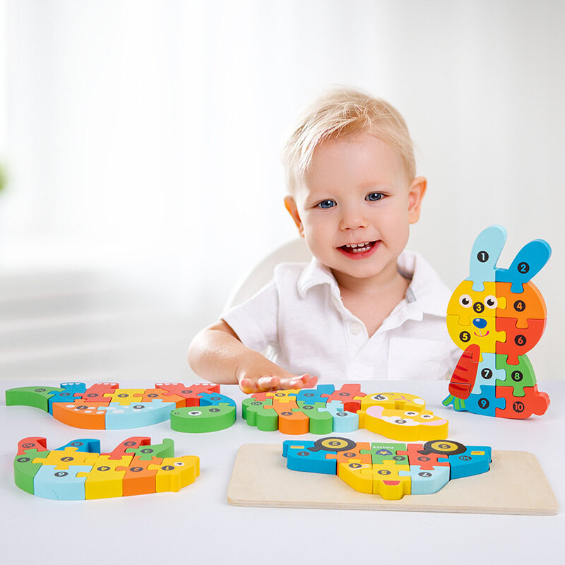 Puzzle kayu mainan anak-anak 3D blok bangunan lalu lintas hewan papan kognitif mainan pengembangan kecerdasan bayi