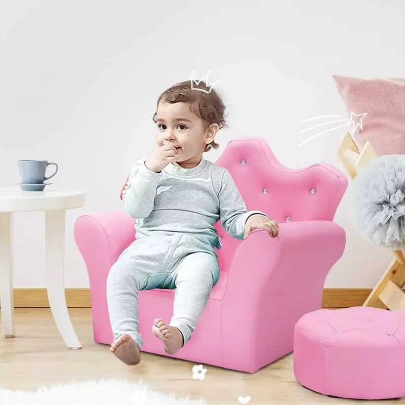 Kinder sofa, gepolstertes Kinder sofa mit Ottomane, mit Diamanten besetzt, pink
