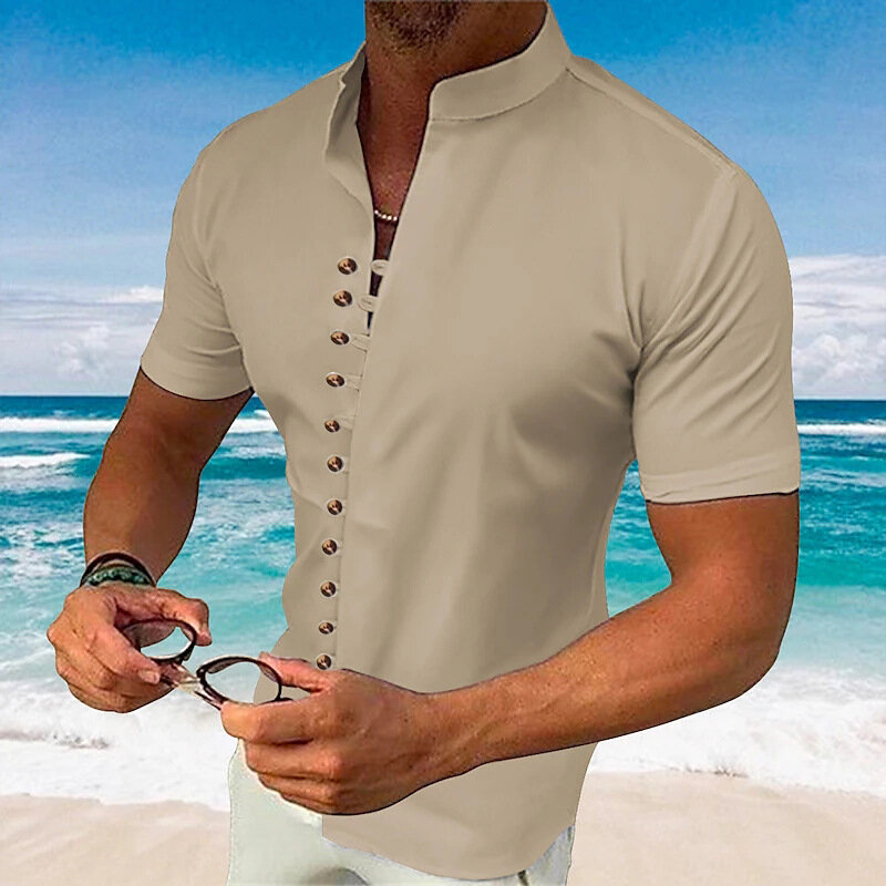 Men's new summer fashion high quality short sleeve shirt single breasted solid color lapel English style shirt
