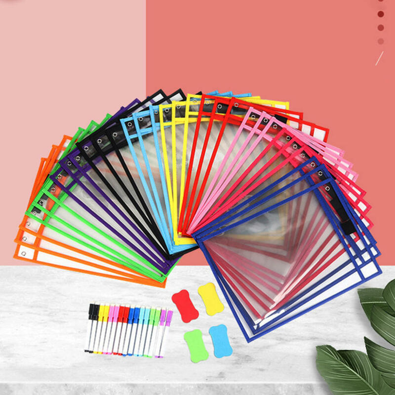 Reusable File Dry Erasable Pockets with Pen Kids Transparent DIY Pockets A4 Letter Hanging PET File Used for Teaching Supplies