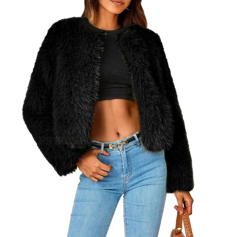 ผู้หญิง Shaggy Faux Furs Outwear เสื้อแจ็คเก็ตแขนยาวเสื้อฤดูหนาวที่อบอุ่น Outwear 066C