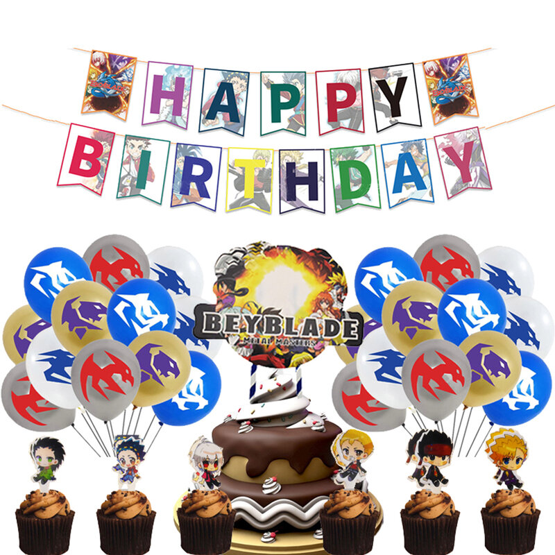 Beyblade день рождения, планшетоны, чашки, соломинки, баннер, торт, Топпер, воздушные шары, Мультяшные украшения для мальчиков и девочек
