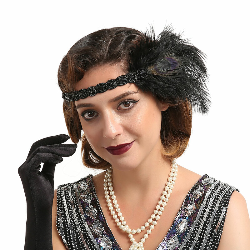 1920s Flapper opaski Great Gatsby Rhinestone Headpiece z pawim piórem Jewel akcesoria do włosów Showgirl Headpiece