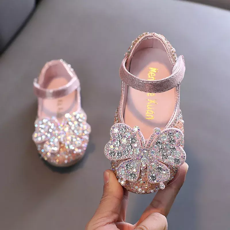 Zapatos planos de cuero para niñas, bailarinas de lujo con diamantes de imitación, mariposa, Princesa, poco profundos, primavera y otoño