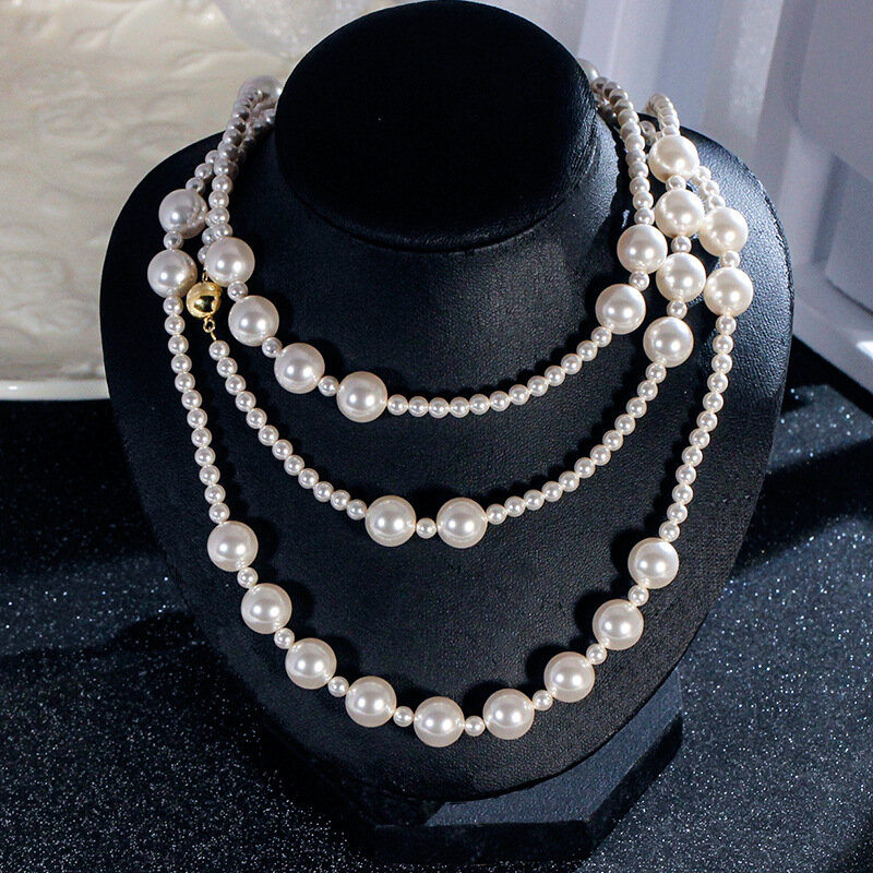 Collares de perlas con hebilla plateada para mujer, cadena de cuentas redondas de perlas hechas a mano, varias formas de uso de joyería, 1,6 m de largo