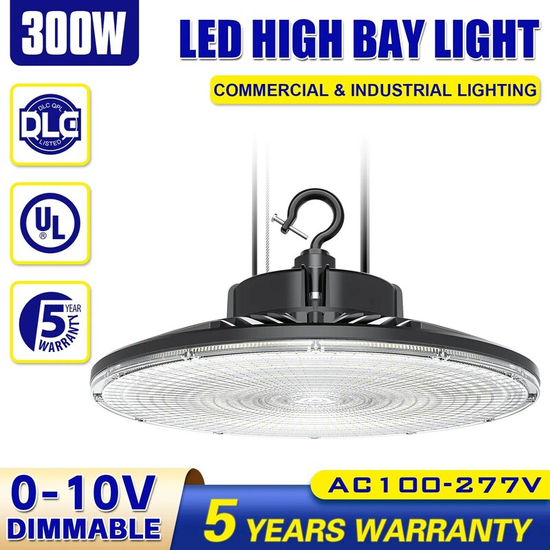 UFO LED High Bay Light, 300W, 0-10V, Dimmable, IP65, UL, DLC, Approuvé, 5000K, Lumière du jour, Entrepôt, Atelier, Luminaire