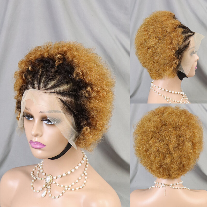 Peluca rizada hinchable para mujeres negras, cabello humano Afro con trenzas, 13x4, encaje Frontal, cabello Remy brasileño 100%, 6 pulgadas, novedad