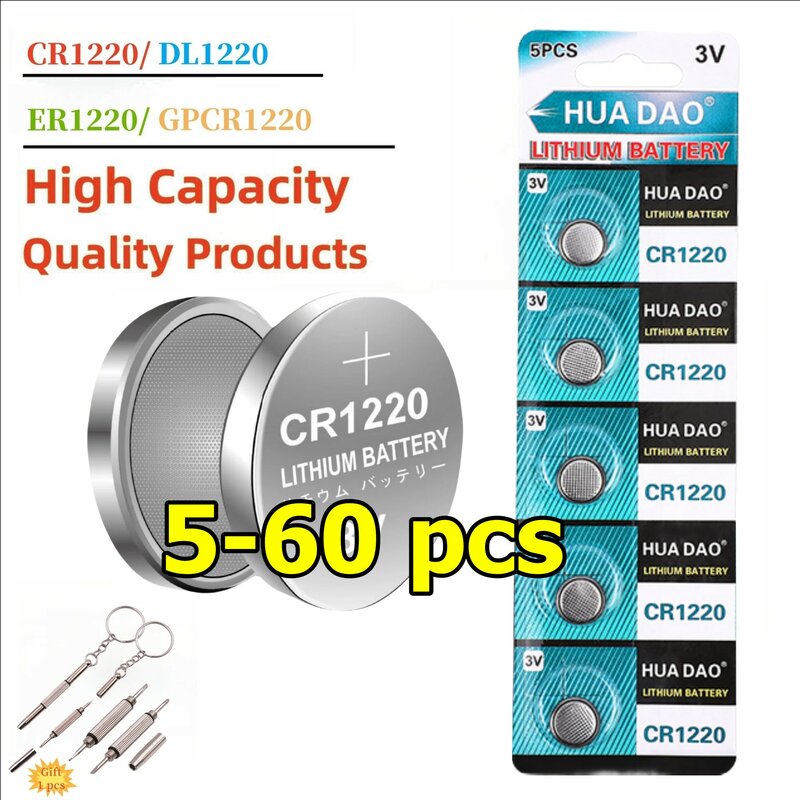 Bateria de lítio CR1220 3V para o relógio de controle remoto chave do carro, ECR1220 GP CR1220 5012LC, alta qualidade, 5-60Pcs